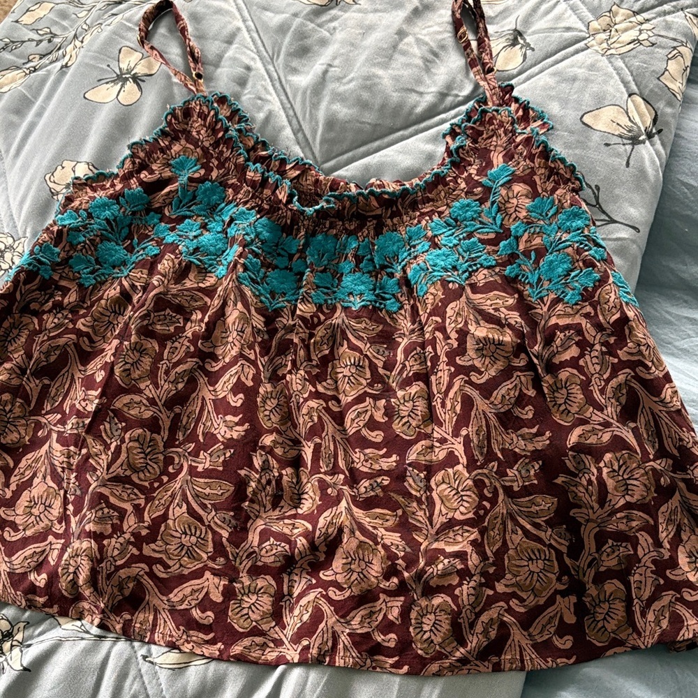 NATURAL LIFE Brown Floral Camisole with Teal Crochet Trim - Picture 2 of 7